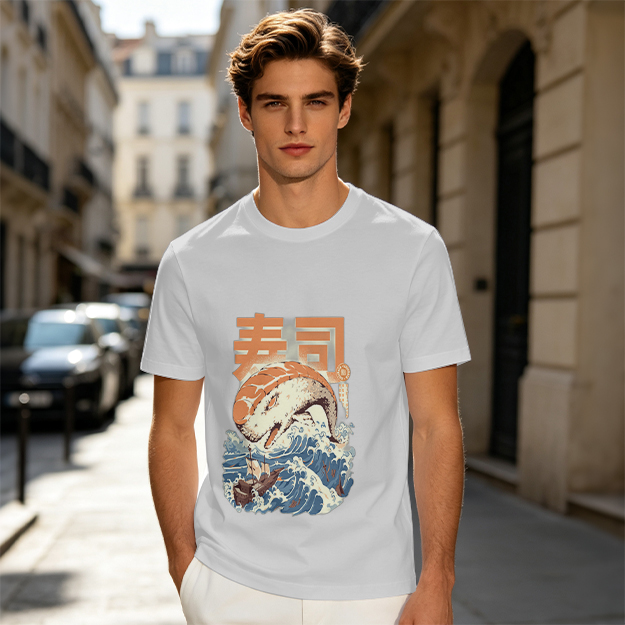 Olive t-shirt with sushi monster and great wave graphic