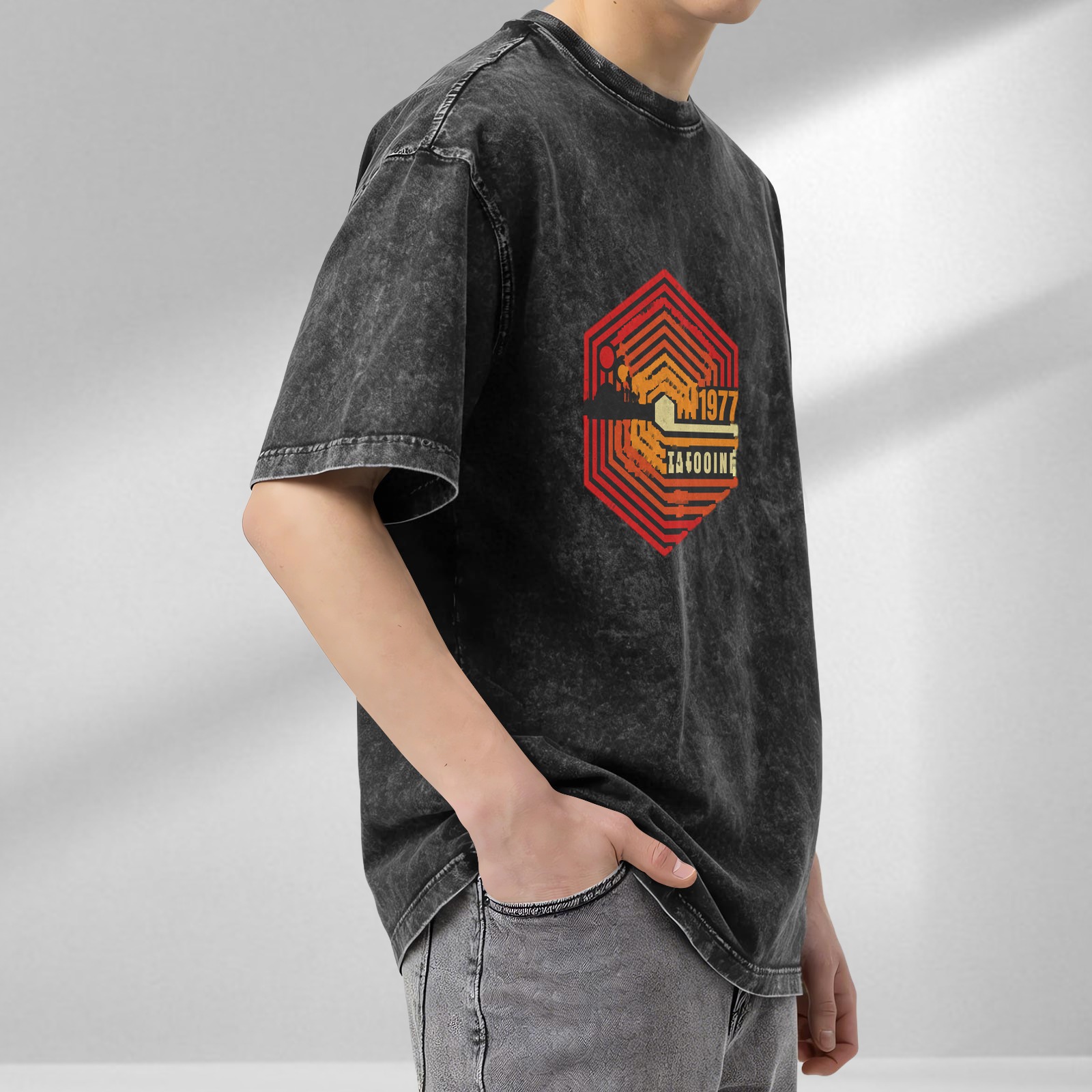 Vintage 1977 Tatooine Hexagon Graphic Stonewashed Black T-Shirt