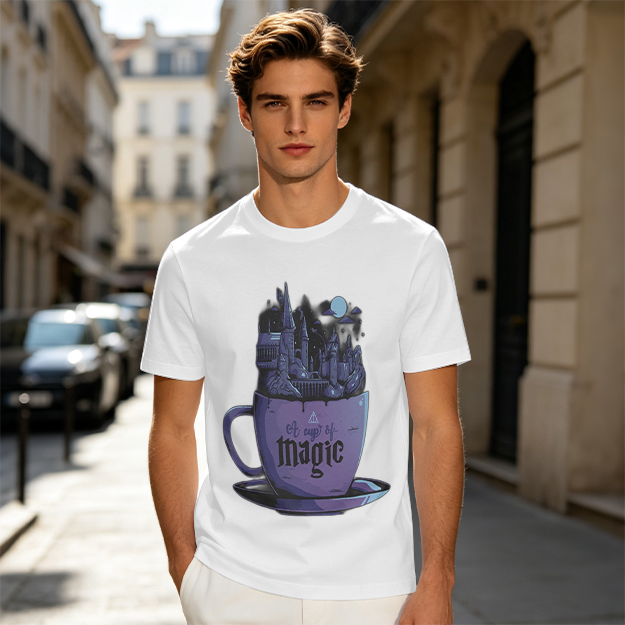 Olive T-Shirt With Teacup Holding Magical Castle Artwork