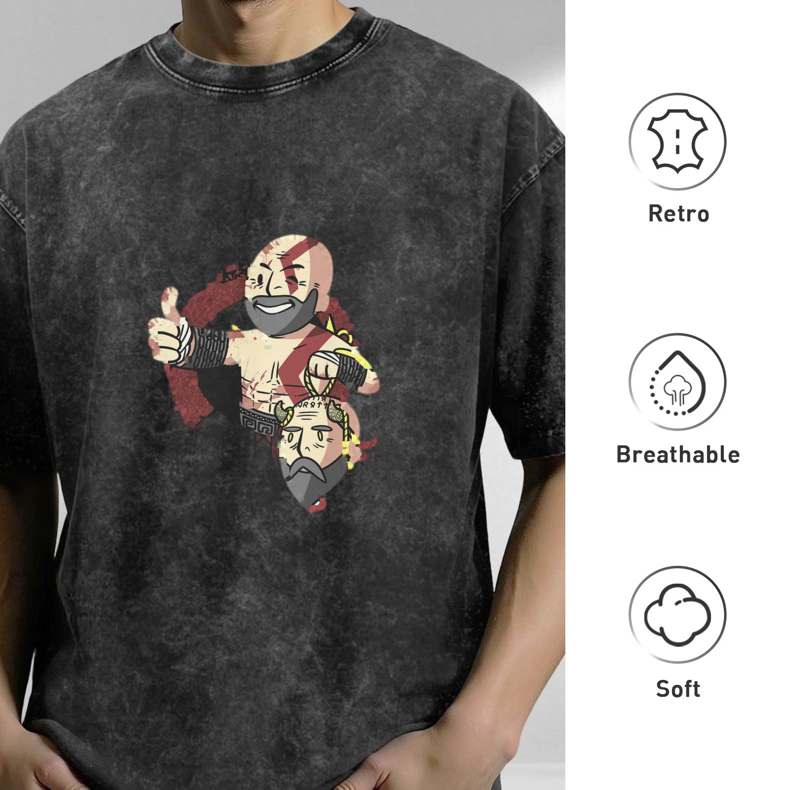 Washed Black T-Shirt with Chibi Kratos Holding Mimir Head Graphic