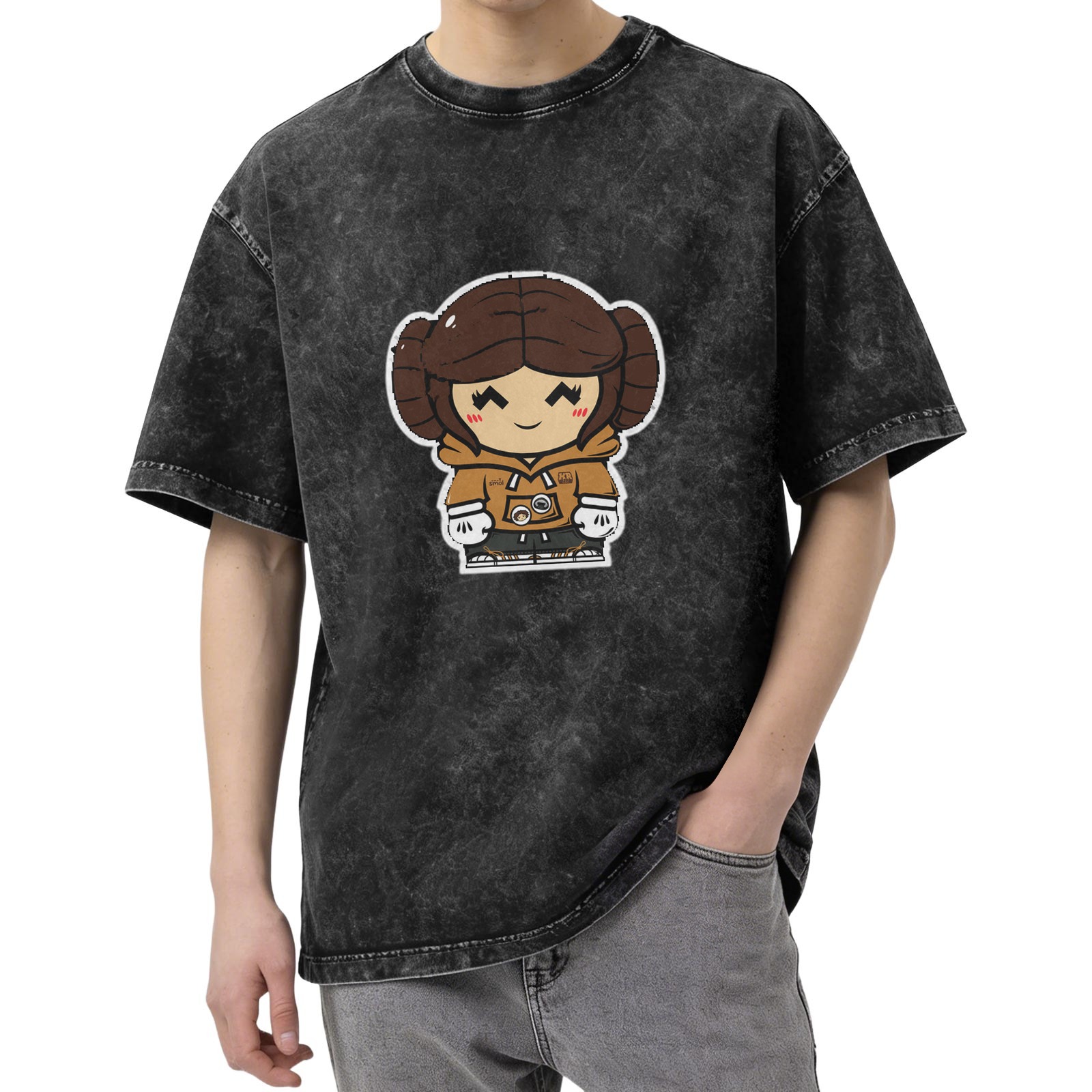 Oversized dark wash t-shirt with chibi princess leia graphic