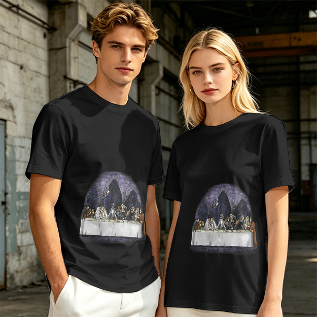 Olive Green T-Shirt with Skeletal Last Supper Graphic Print