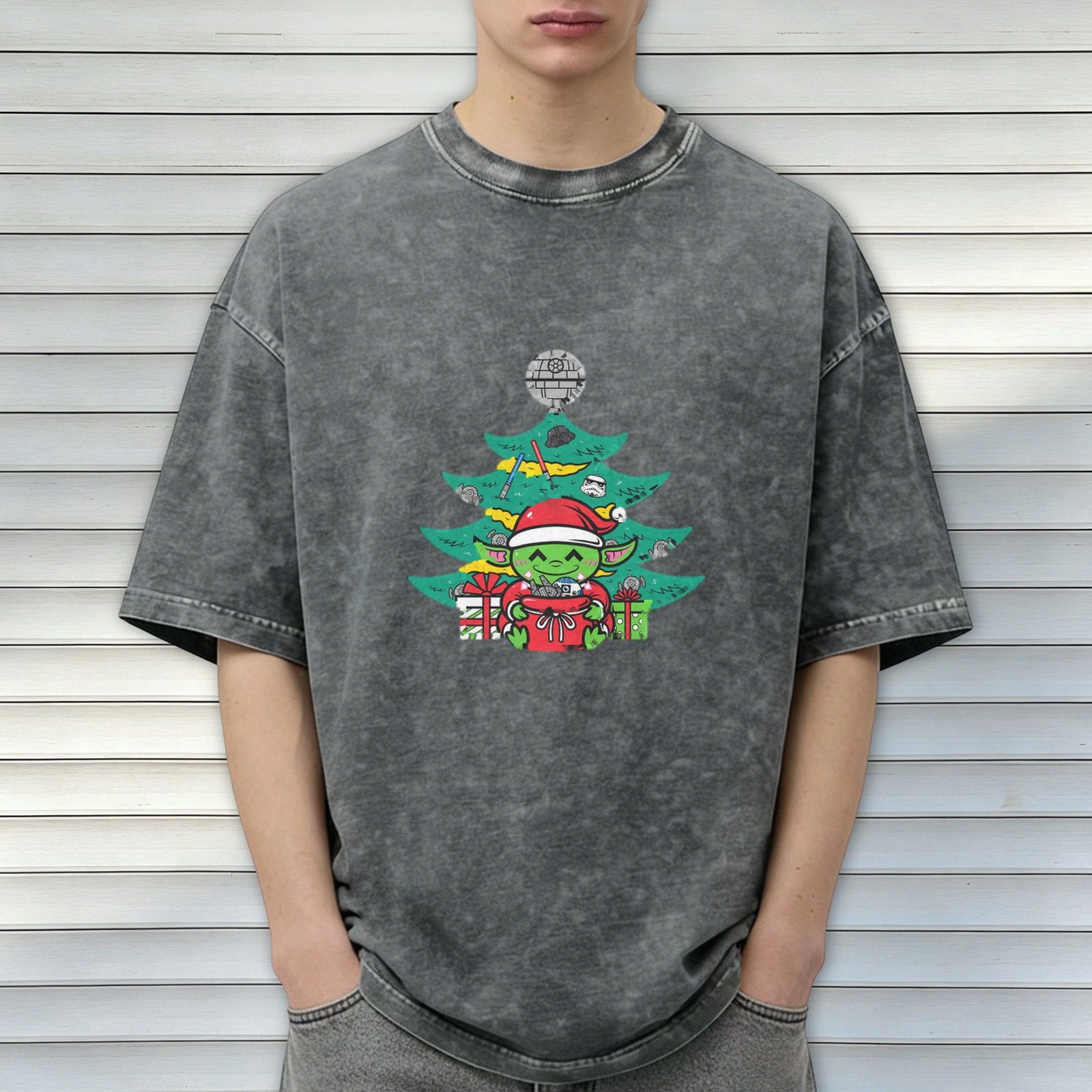 Washed Black T-Shirt with Star Wars Themed Christmas Yoda Design