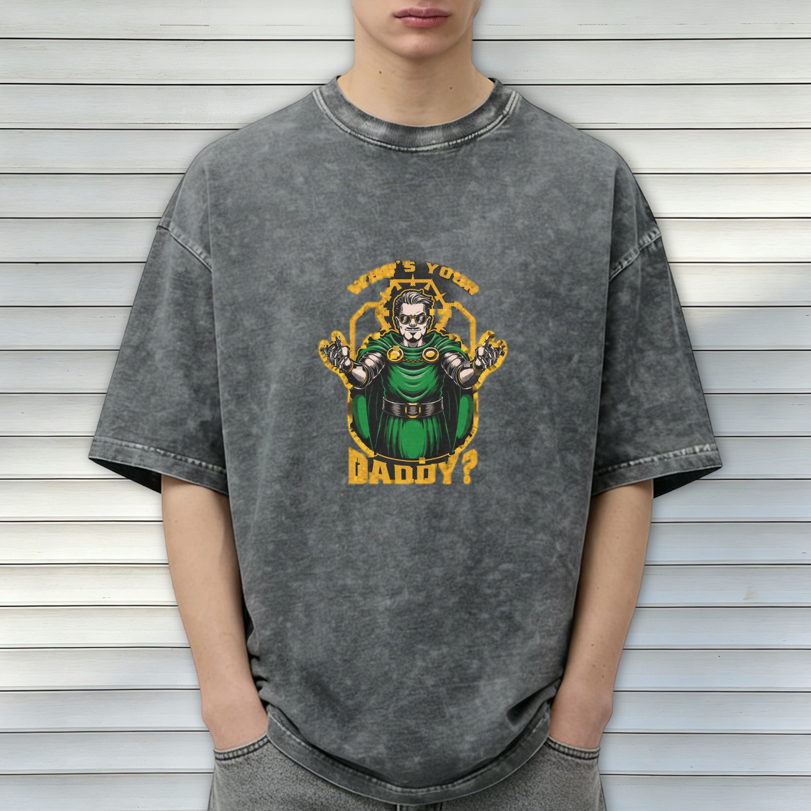 Oversized Dark Wash Graphic T-Shirt With Villain Art Print
