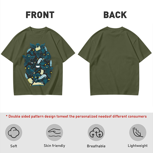 Olive T-Shirt With Whimsical Crow And Stationery Print