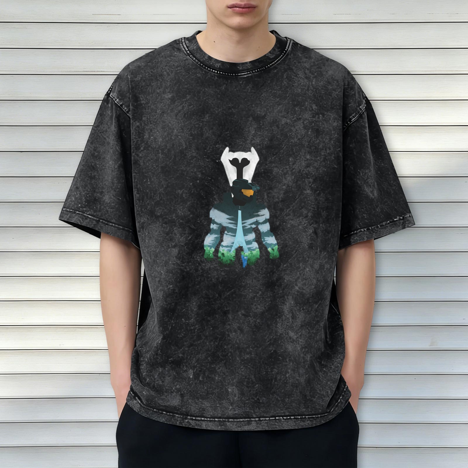 Washed distressed black loose short-sleeved T-shirt with cartoon style character pattern printed on the chest