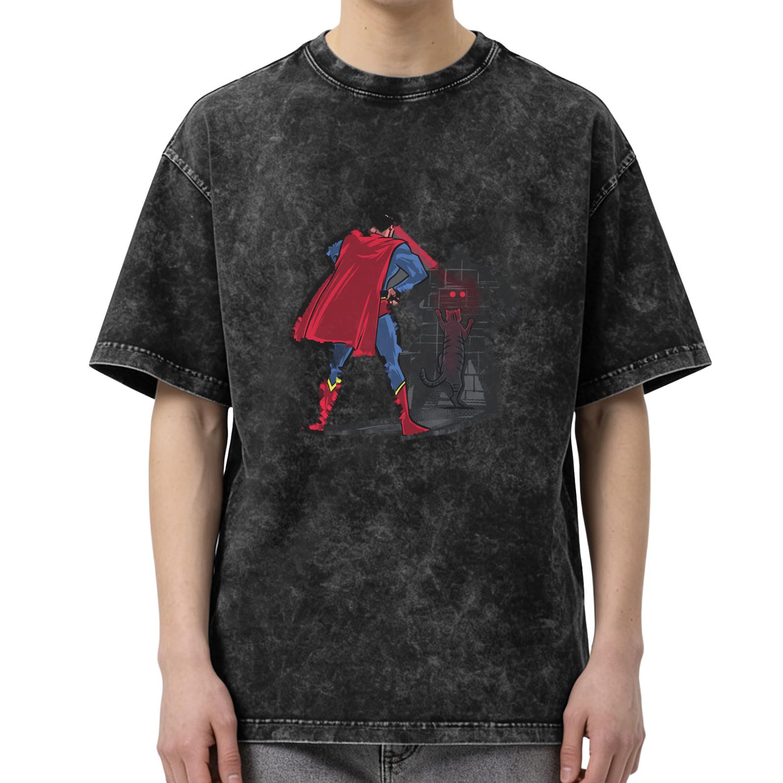 Washed black graphic t-shirt with superhero and robot print