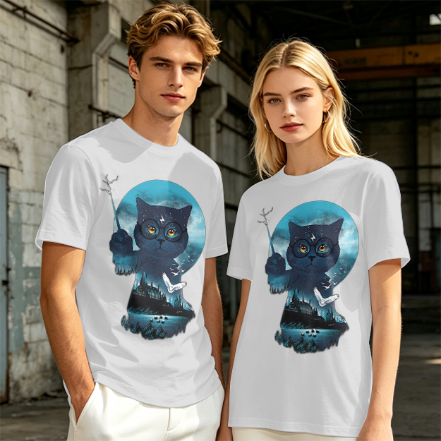 Olive T-shirt with Harry Potter themed wizard cat graphic