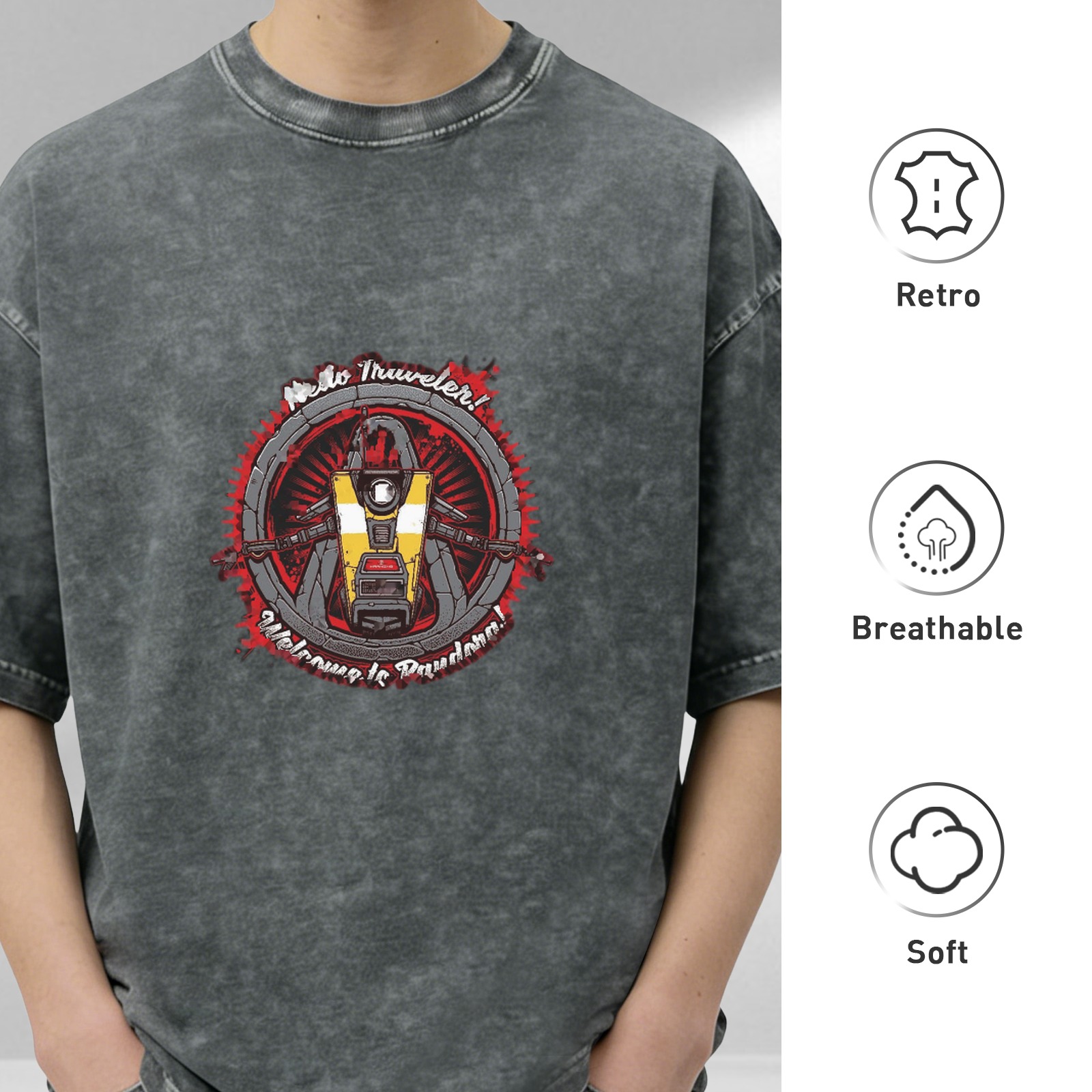 Borderlands Claptrap 'Hello Traveler! Welcome to Pandora!' Acid Wash Oversized T-Shirt