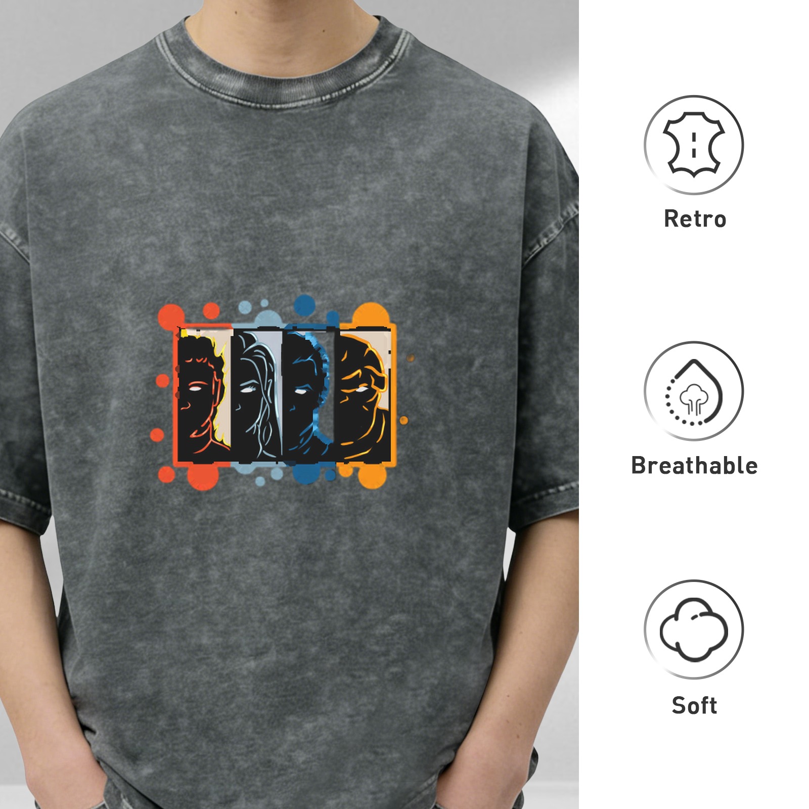 Oversized dark washed t-shirt with four stylized character faces graphic