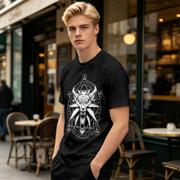 Olive T-Shirt With Witcher Wolf Medallion Magic Circle Print