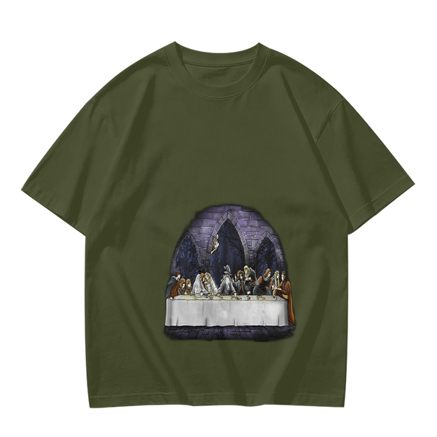 Olive Green T-Shirt with Skeletal Last Supper Graphic Print