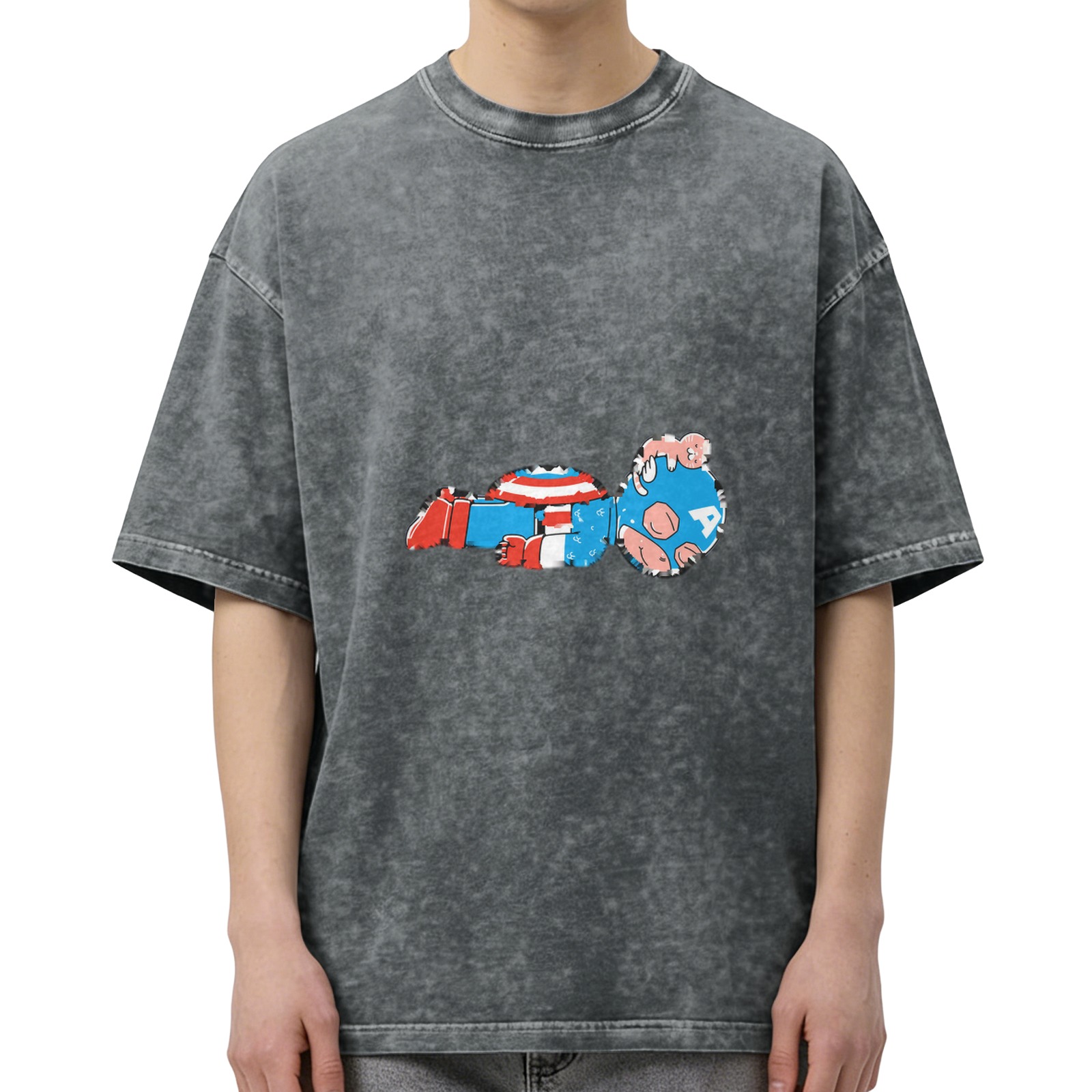 Oversized Acid Wash T-Shirt With Distressed Captain America Art