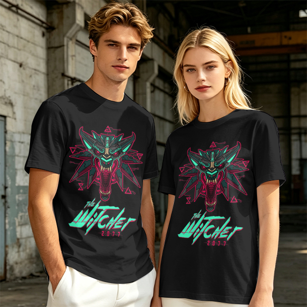 Olive green t-shirt with cyberpunk witcher wolf head graphic