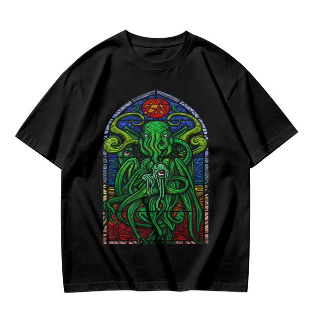 Olive T-Shirt with Cthulhu Stained Glass Style Graphic