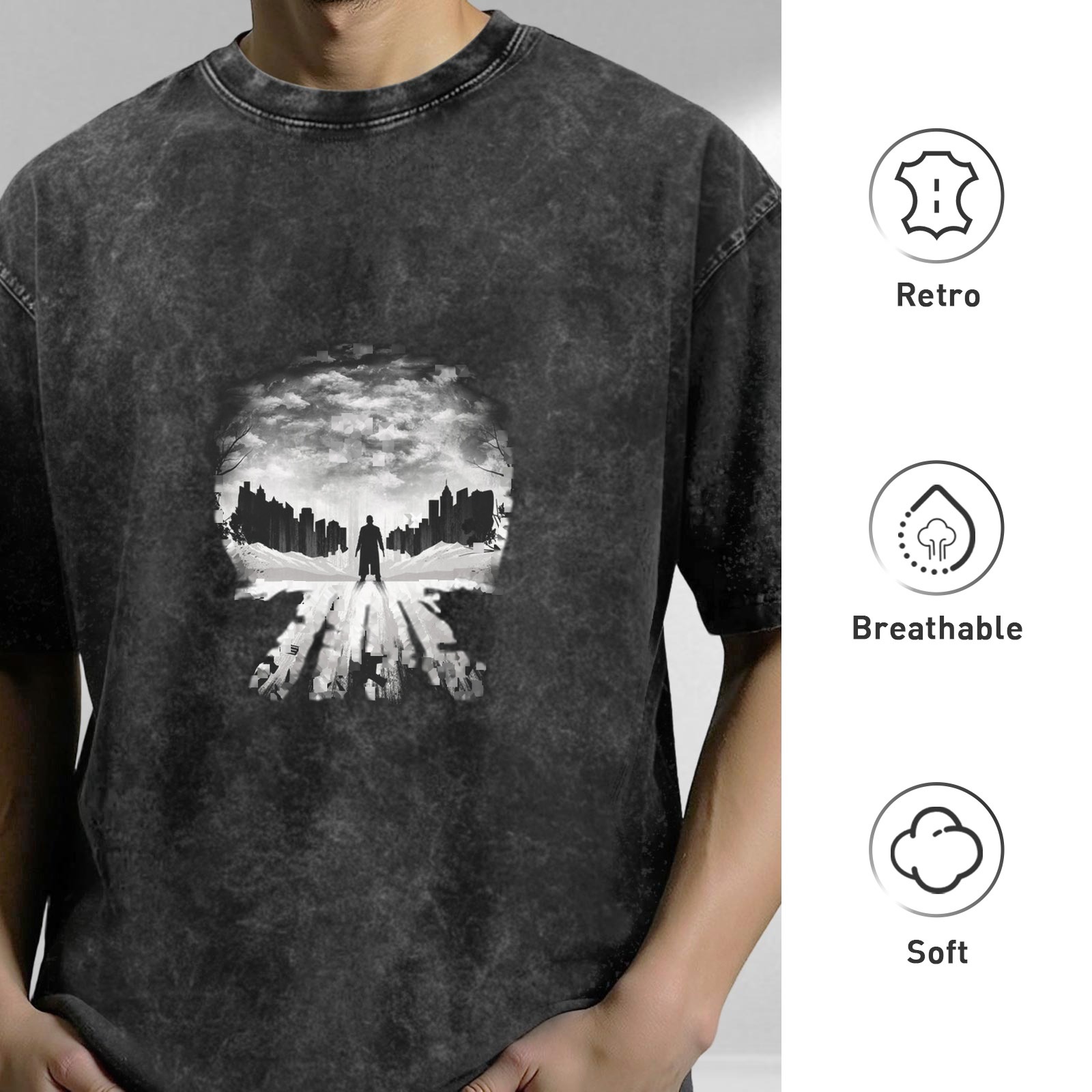 Oversized Acid Wash T-Shirt With Skull Silhouette Cityscape Graphic