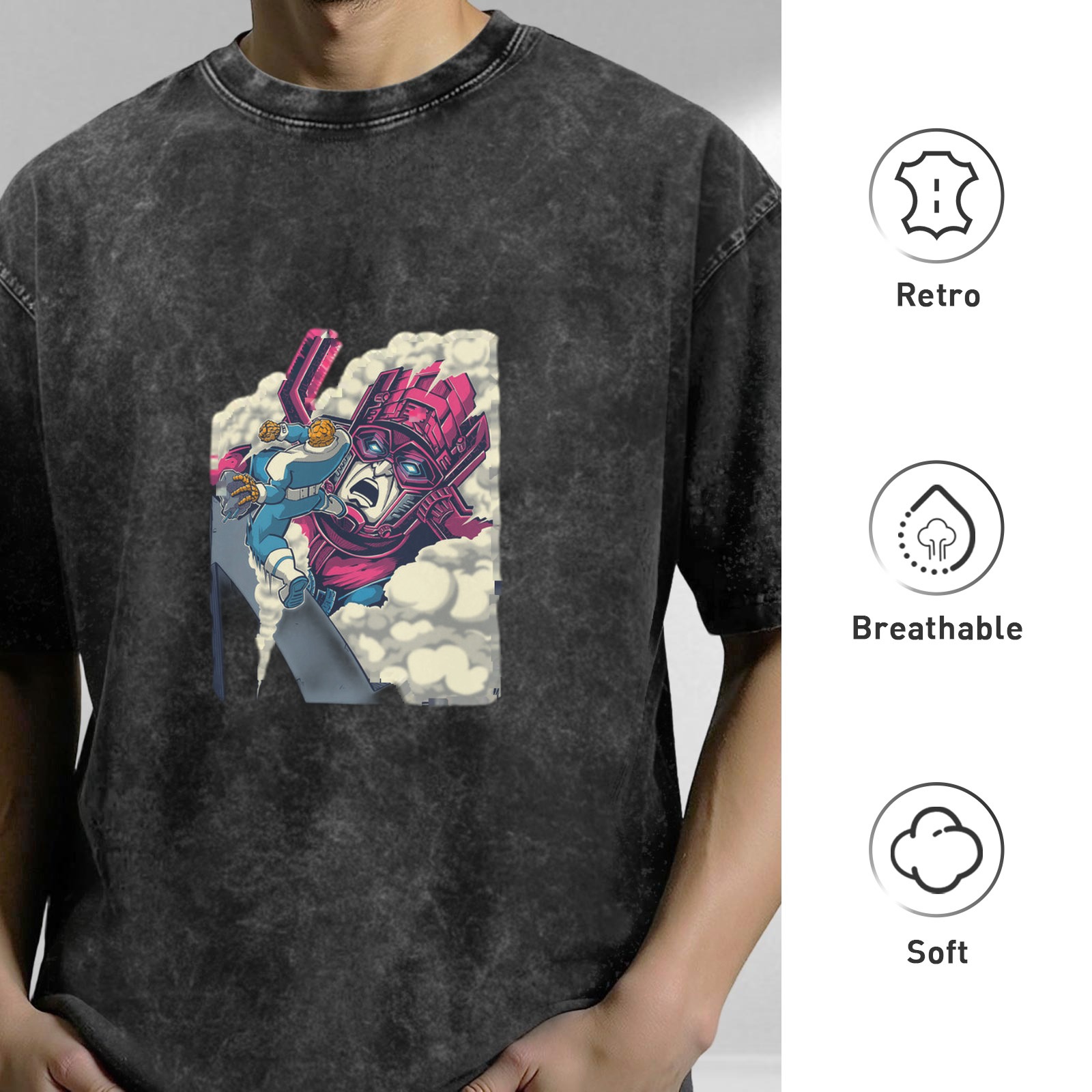 Oversized Acid Wash T-Shirt With Retro Superhero Comic Print