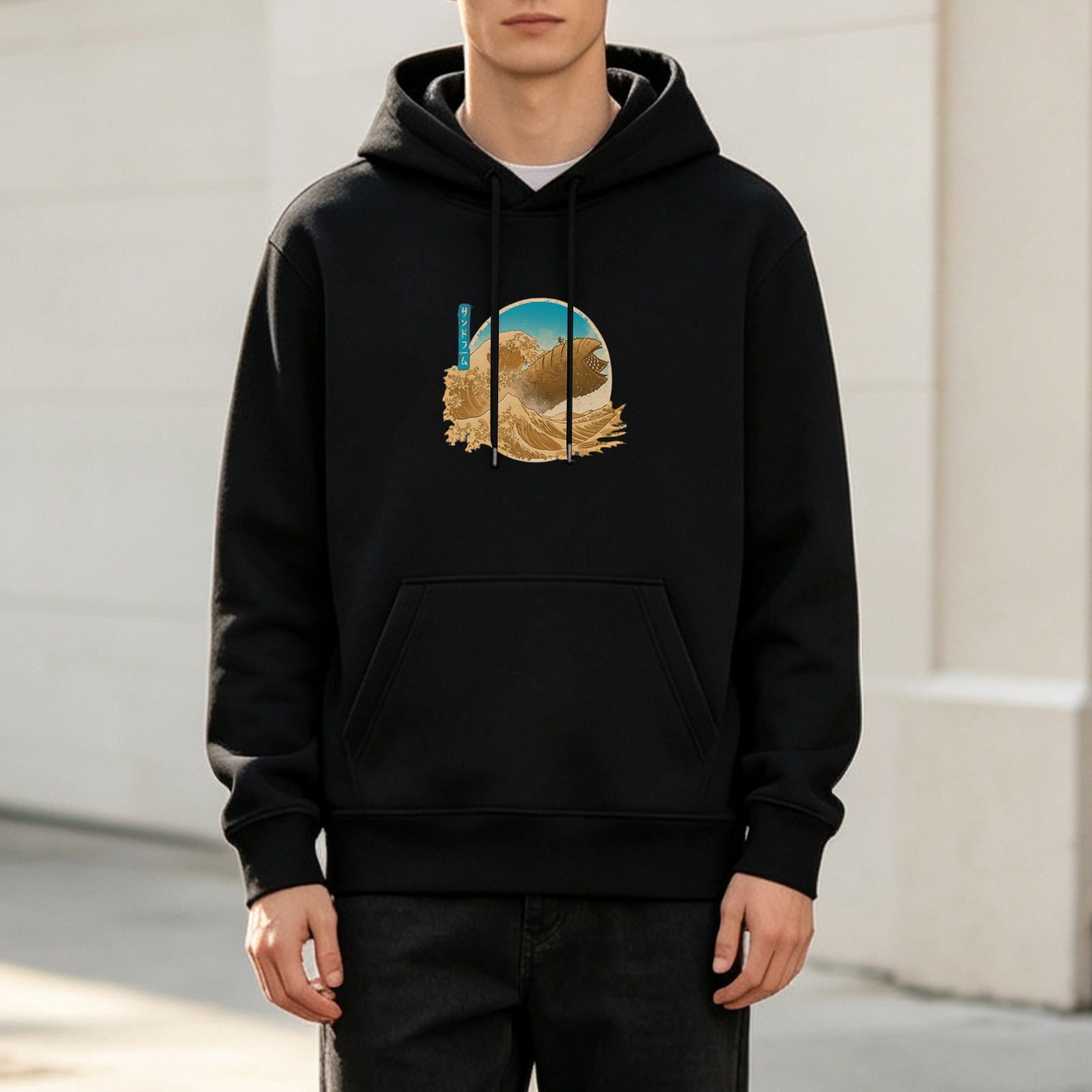 Black Hoodie With Japanese Wave Art Graphic Print
