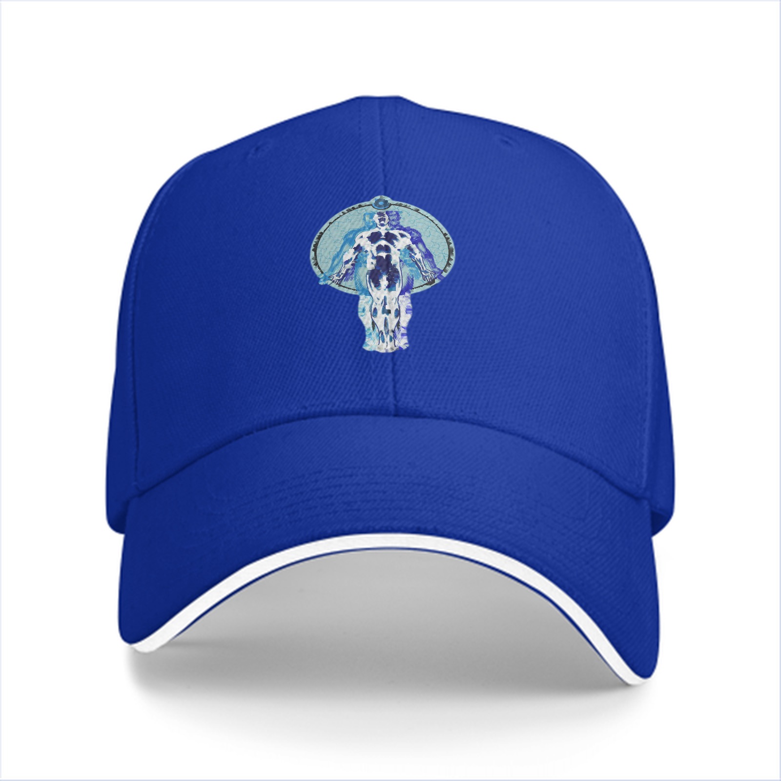 Black baseball cap with blue humanoid figure graphic