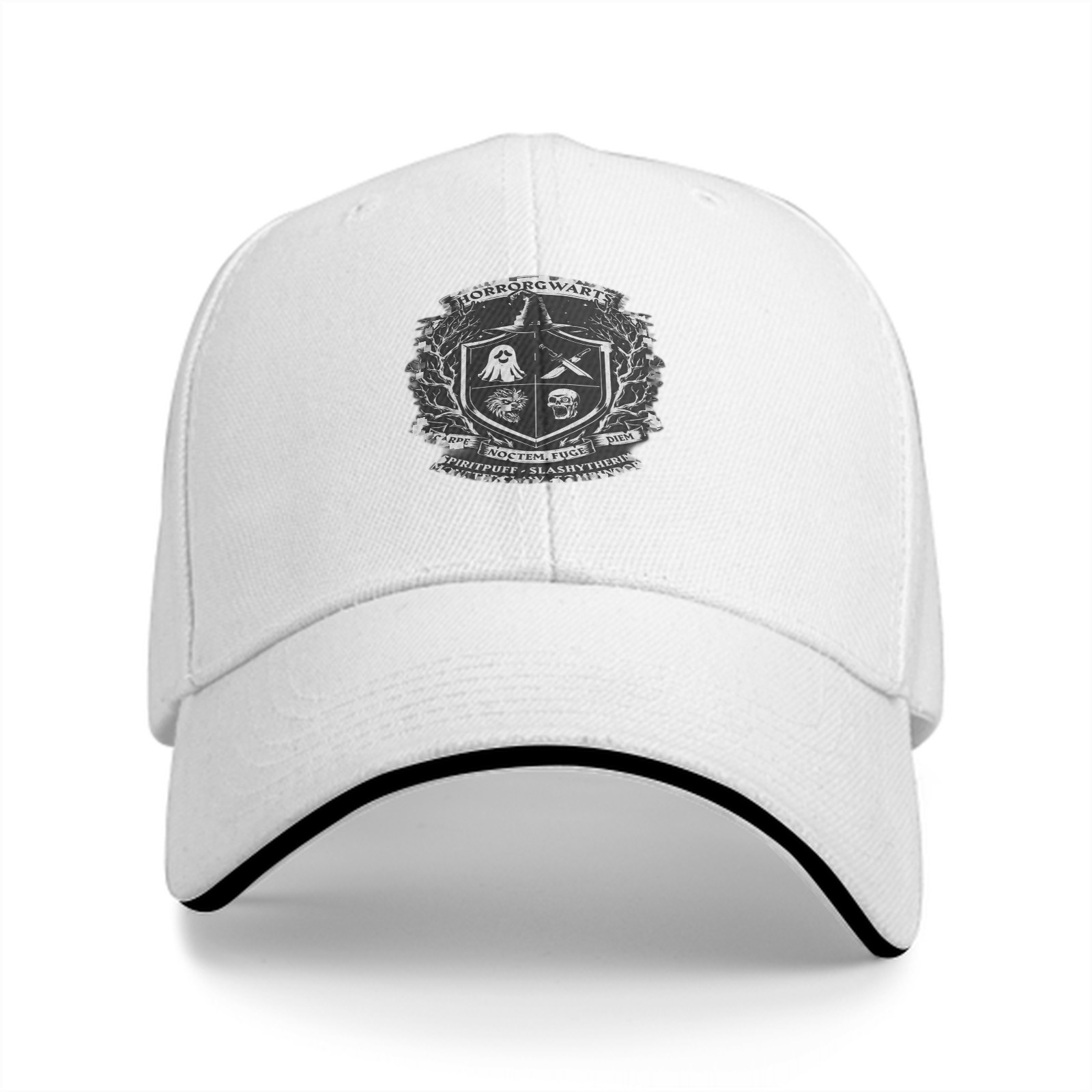 Black Baseball Cap With Horrorgwarts Crest Print