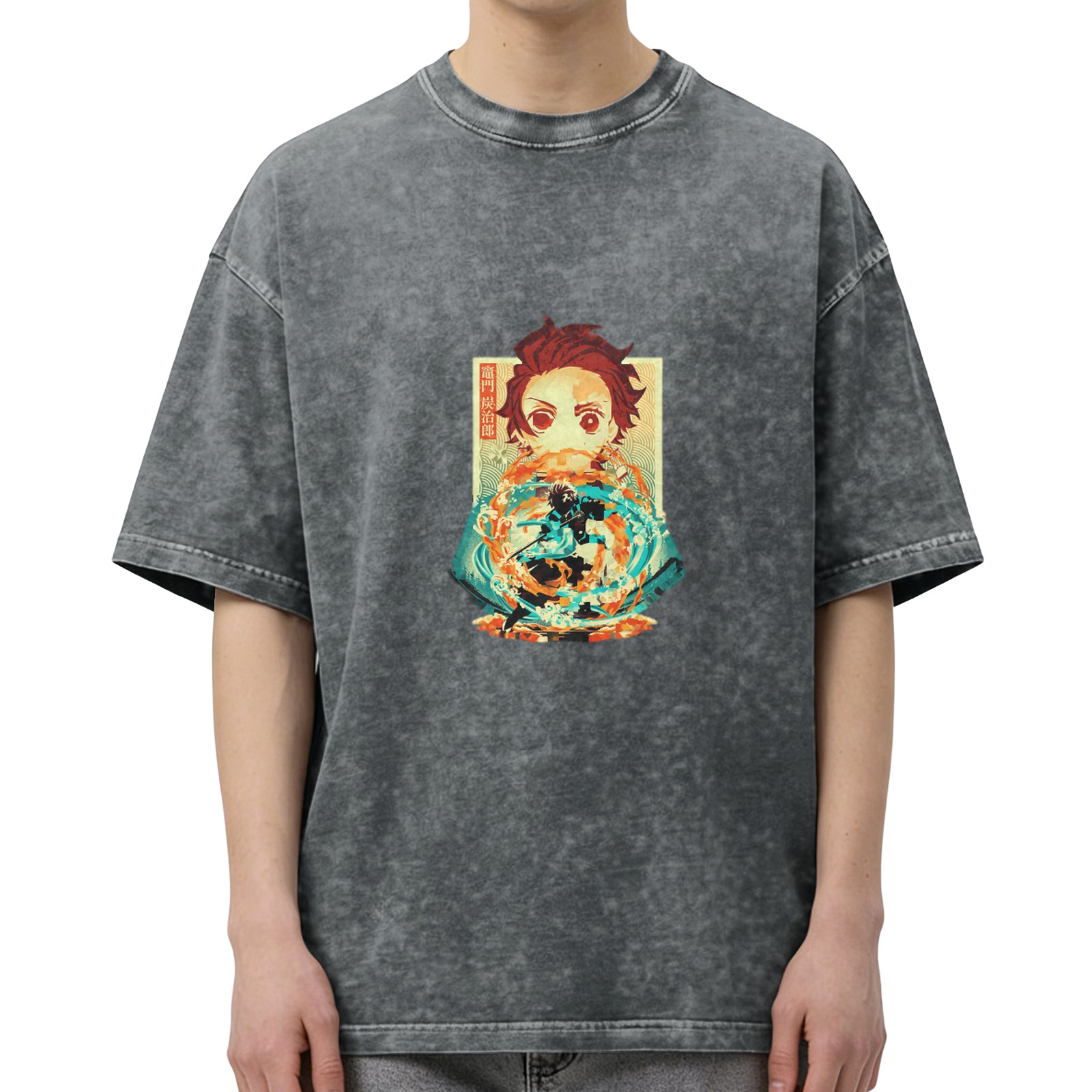 Demon Slayer: Kimetsu no Yaiba Tanjiro themed washed and distressed loose short-sleeved T-shirt