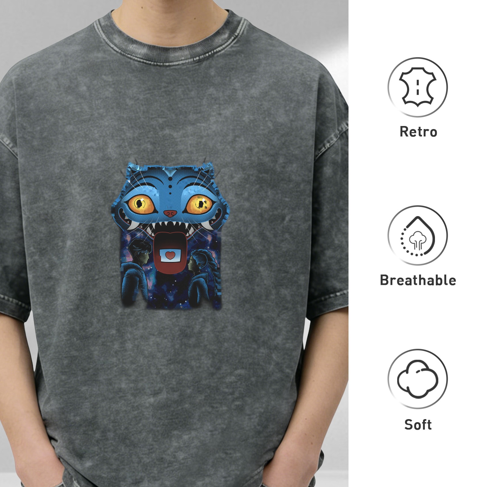 Distressed washed black loose short-sleeved T-shirt with blue cartoon monster pattern printed on the chest