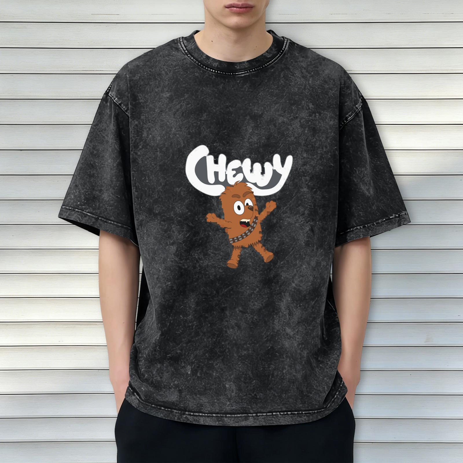 Oversized Vintage Wash T-Shirt with Cartoon Chewbacca 'Chewy' Graphic Print