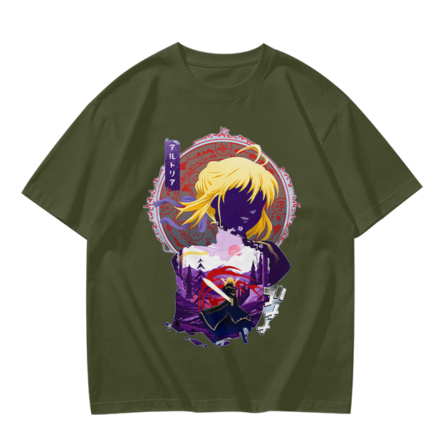 Olive green anime graphic t-shirt with Saber character print