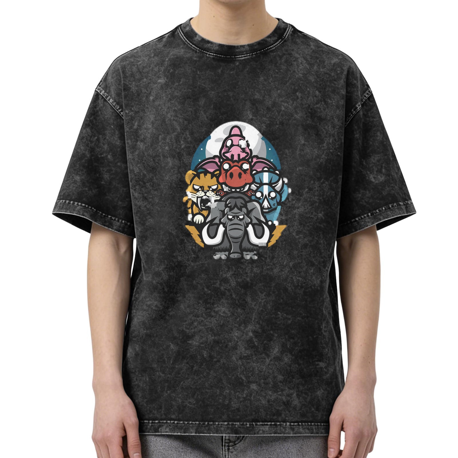 oversized acid wash t-shirt with cartoon prehistoric animal graphic