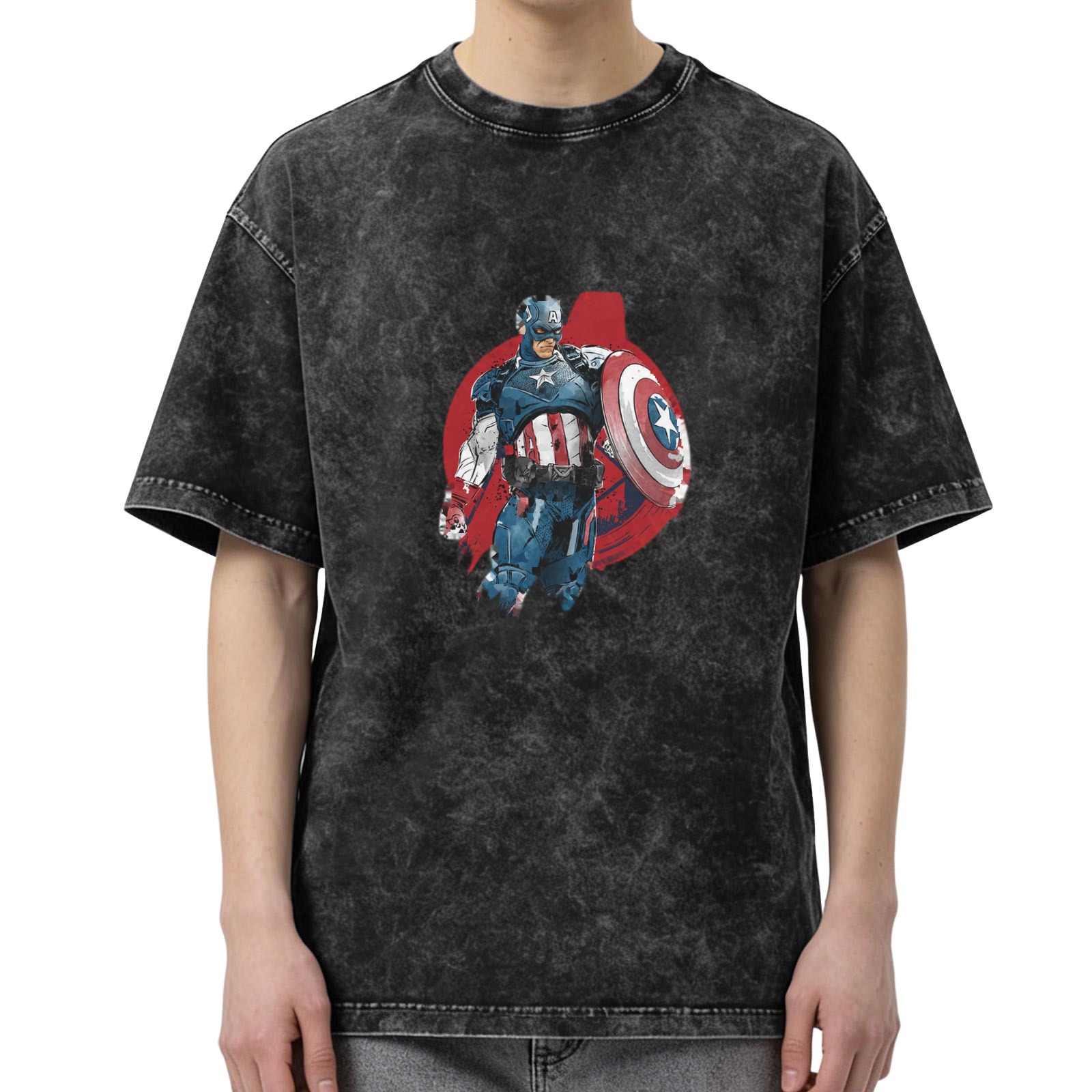 Oversized Acid Wash T-Shirt with Captain America Graphic