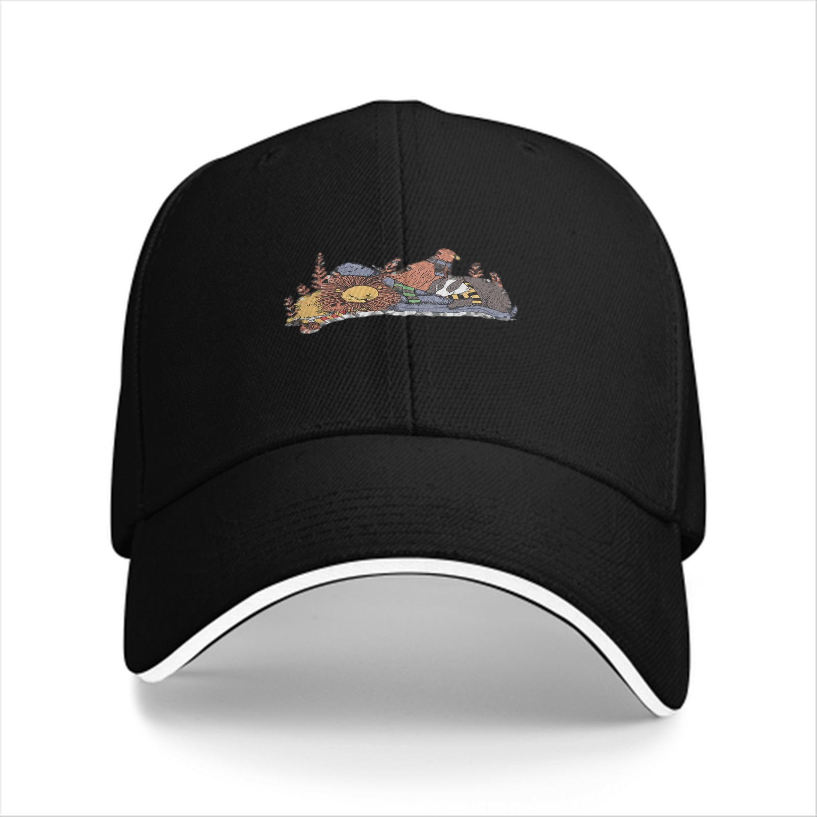 Black baseball cap with sleeping house mascots graphic