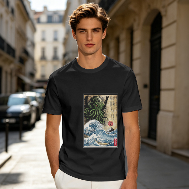 Olive T-shirt with Cthulhu Great Wave Japanese Art Print
