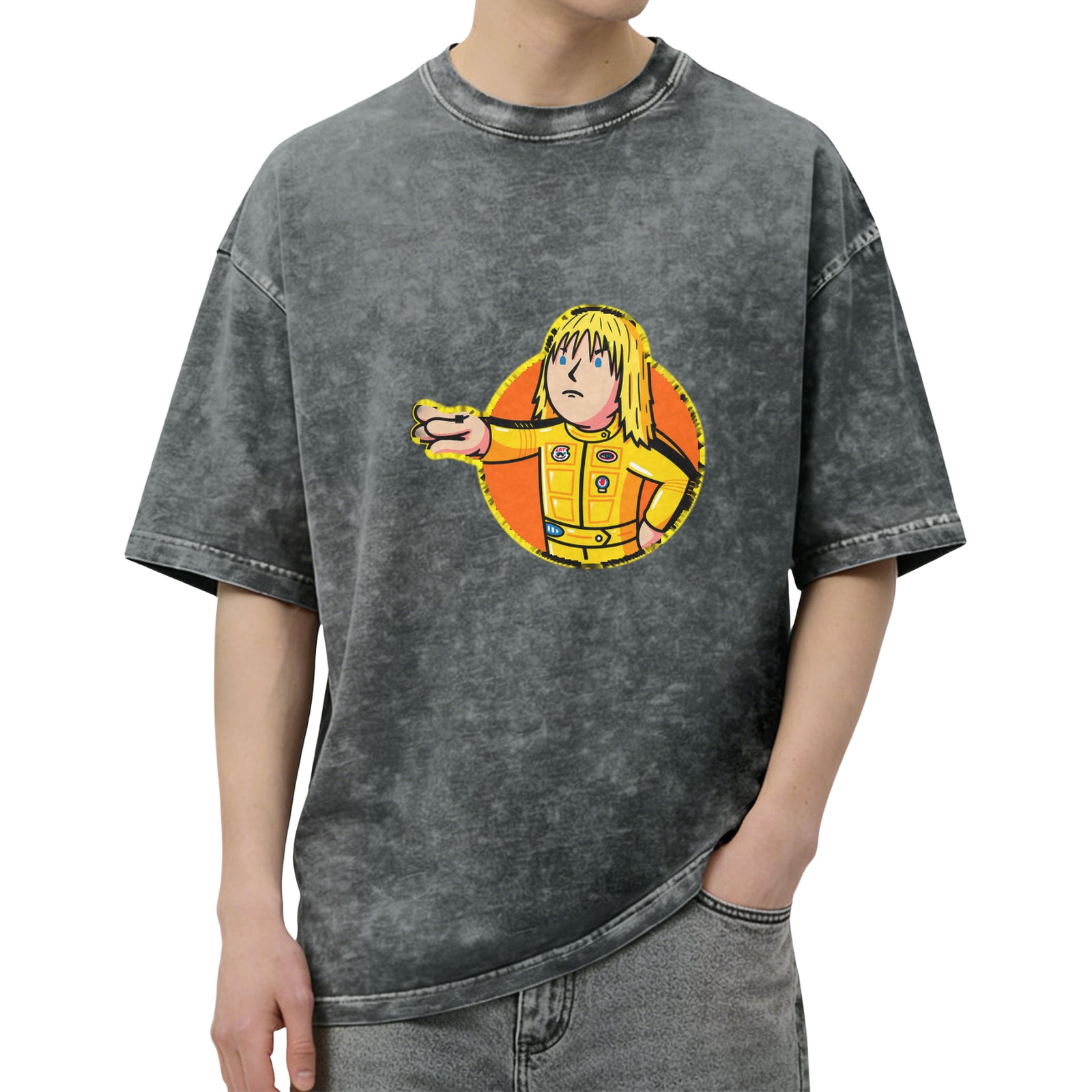 Oversized dark washed t-shirt with cartoon action figure graphic