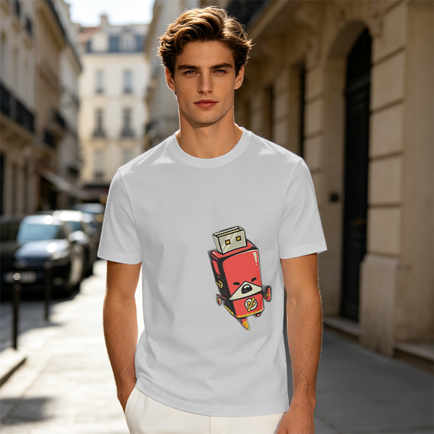 Olive T-Shirt With Cartoon USB Flash Drive Character Print
