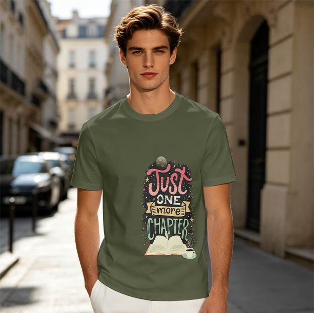 Olive T-Shirt with 'Just One More Chapter' Book Lover Print