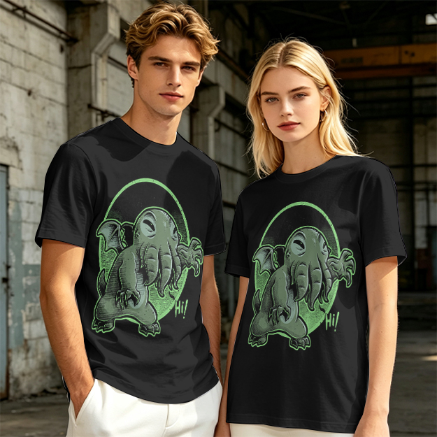 Olive T-Shirt Featuring Cute Cartoon Cthulhu Saying Hi