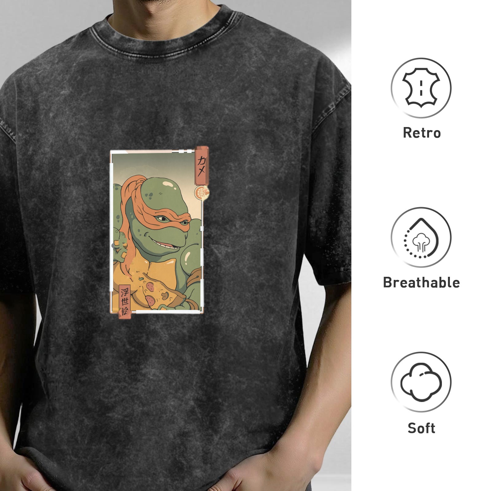 Washed Black Oversized T-Shirt with Ninja Turtle Pizza Japanese Art Print