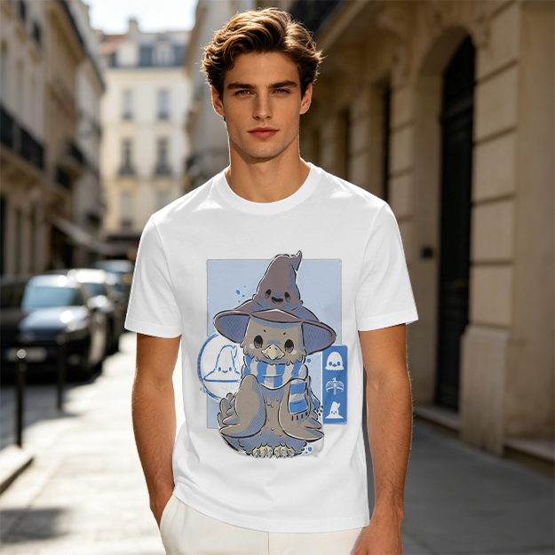 Owl in wizard hat and striped scarf graphic tee