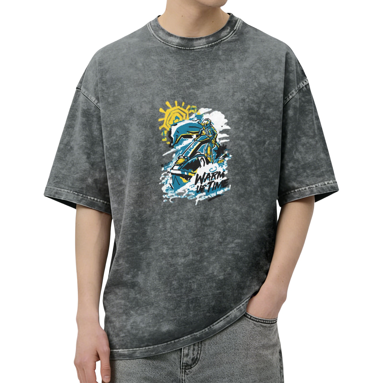 Oversized Acid Wash Graphic T-Shirt With Rider And Sun Print