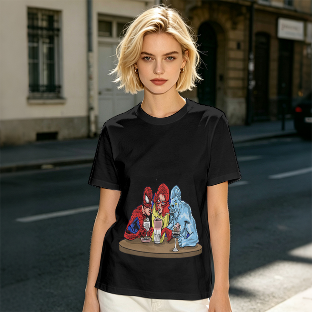 Olive T-Shirt With Superhero Characters Sharing Drinks Print