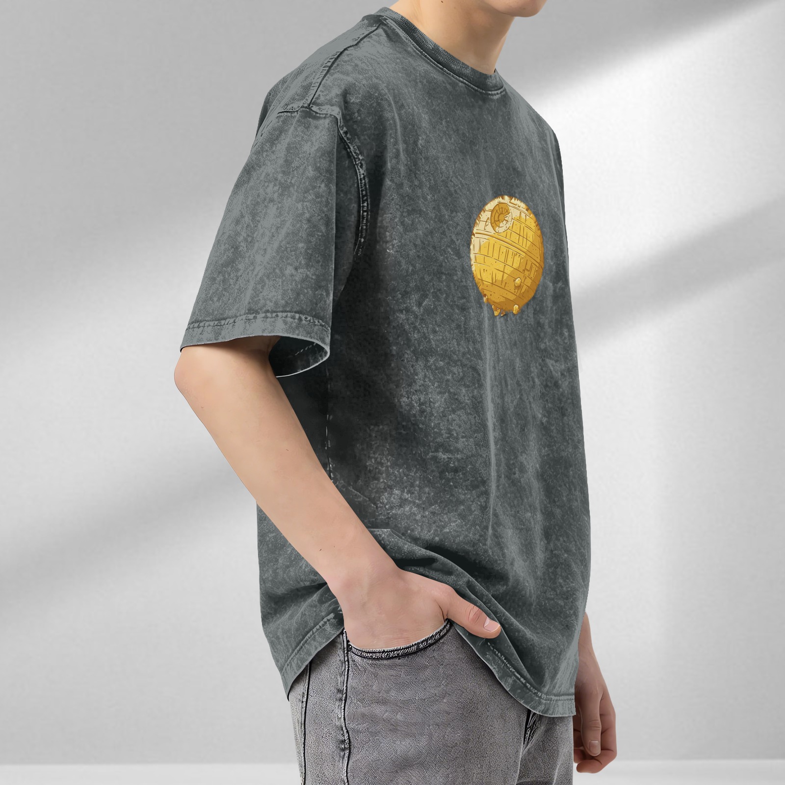 Oversized Stonewashed T-Shirt With Golden Death Star Print