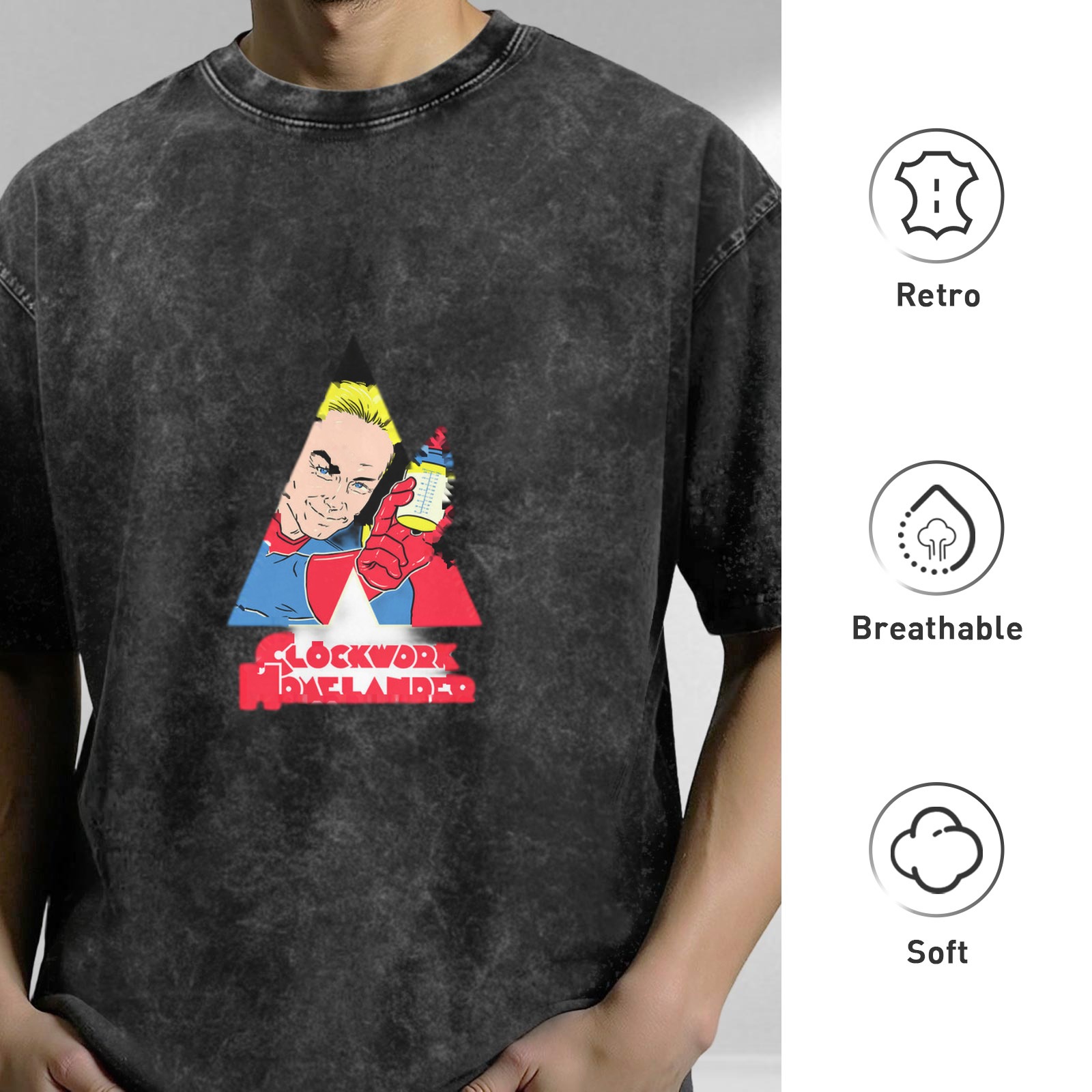 Oversized acid wash t-shirt with Clockwork Homelander graphic print