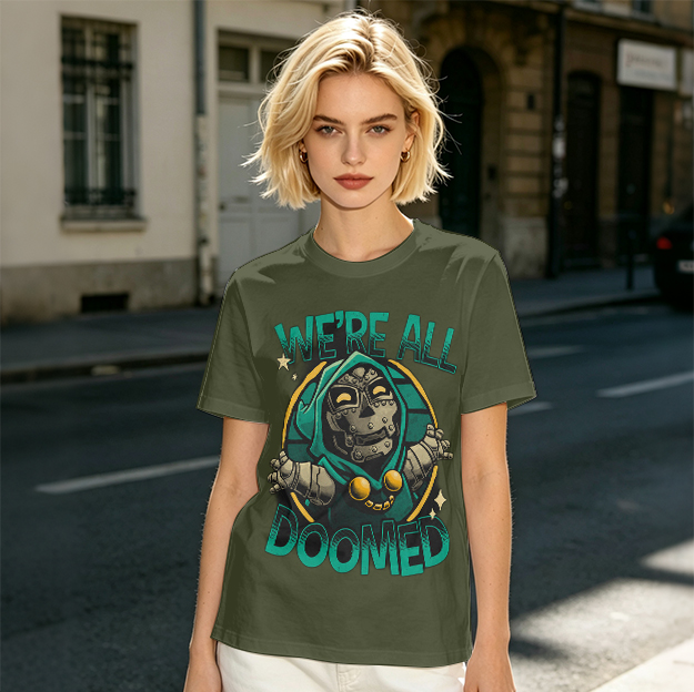 Olive T-Shirt Featuring 'We're All Doomed' Doom Character Art