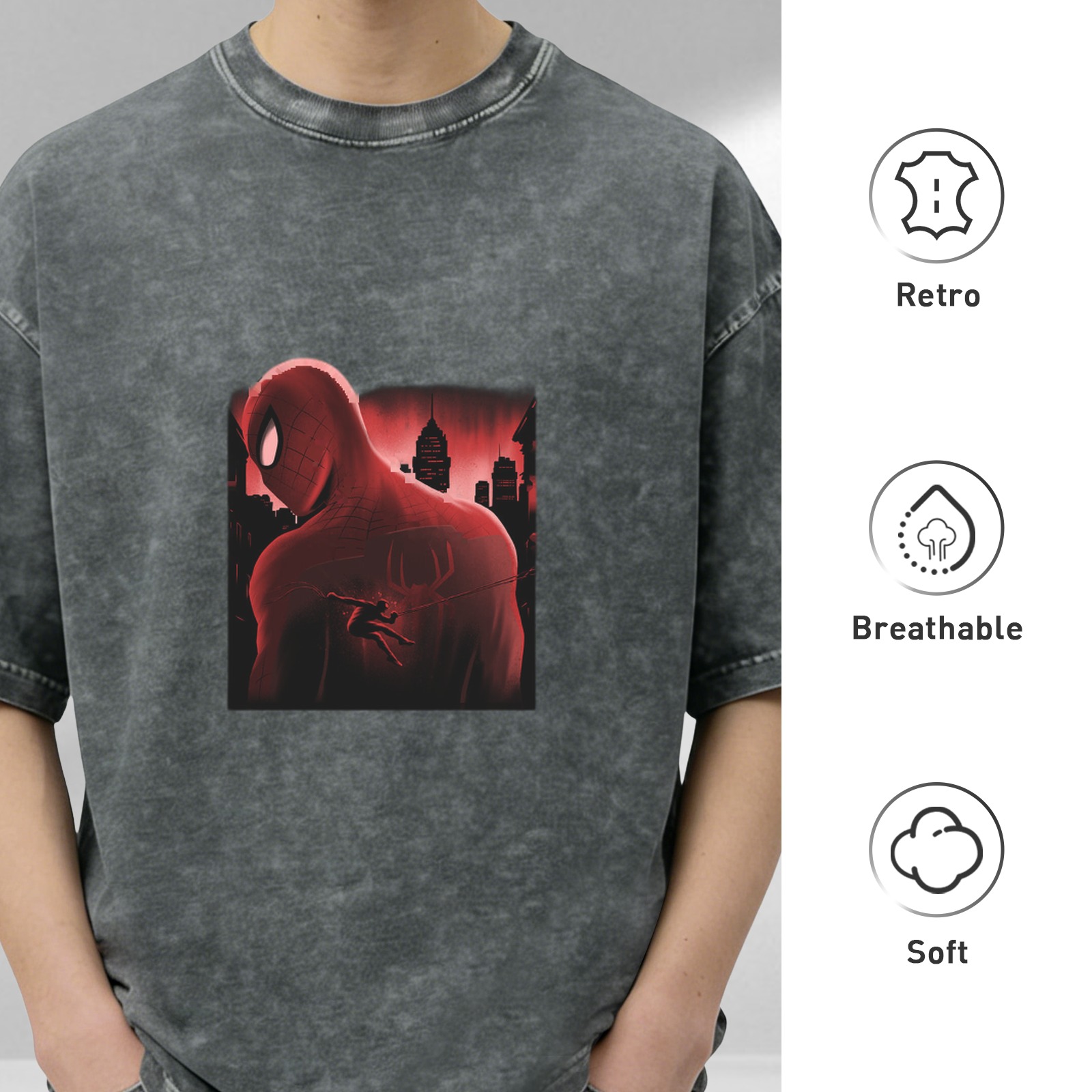 Washed Black Oversized T-Shirt with Spider-Man Cityscape Graphic