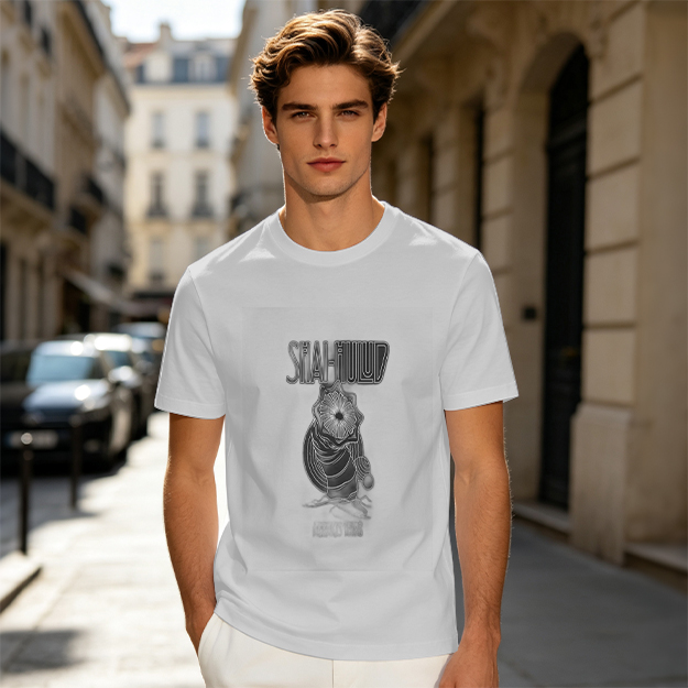 Olive green graphic t-shirt with masked figure print
