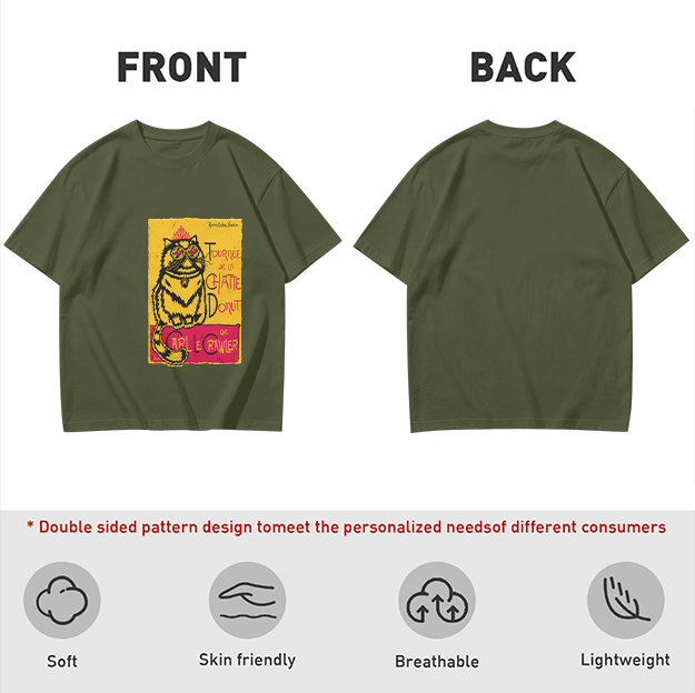Olive T-shirt with a whimsical cat graphic print