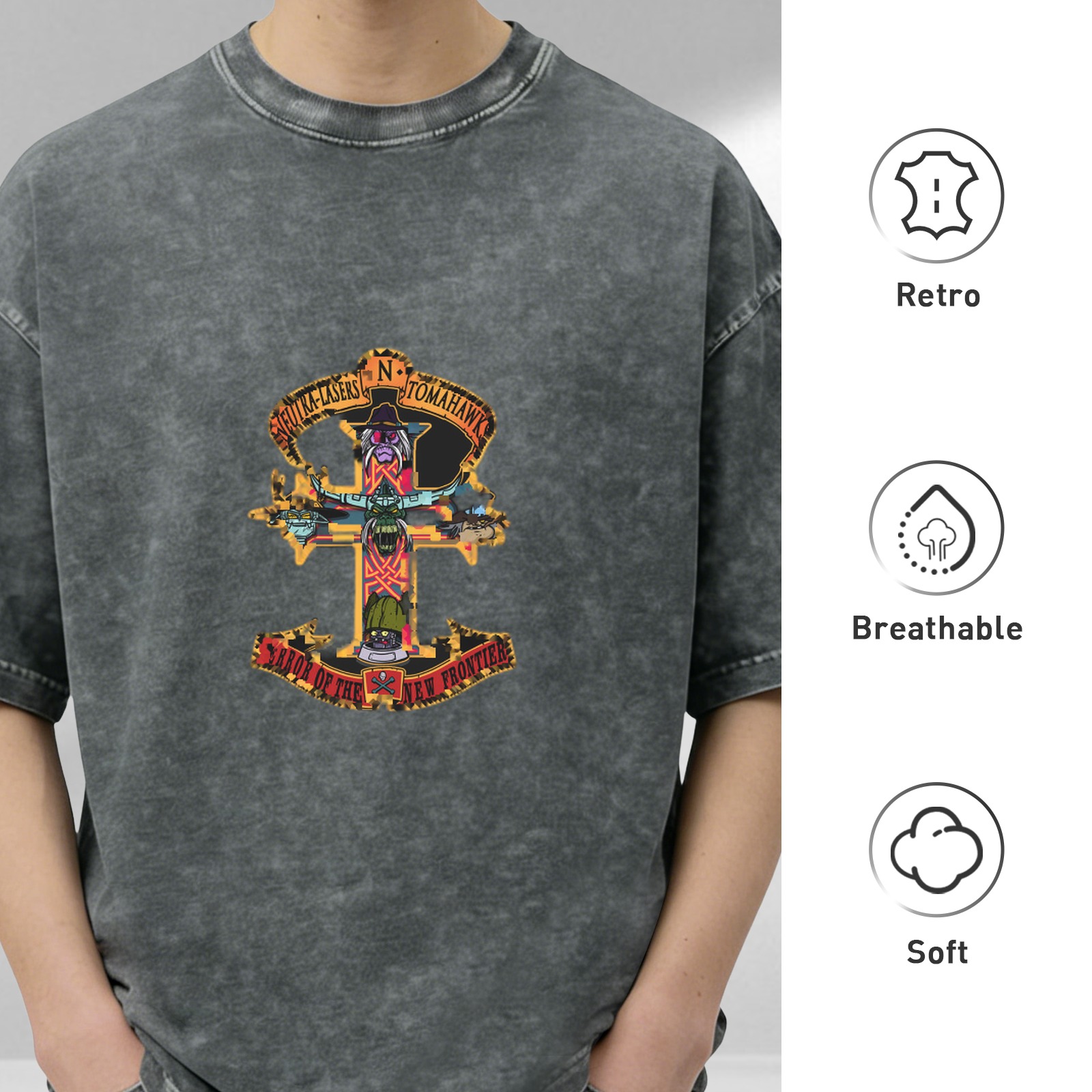 Washed black graphic t-shirt with stylized cross and text print