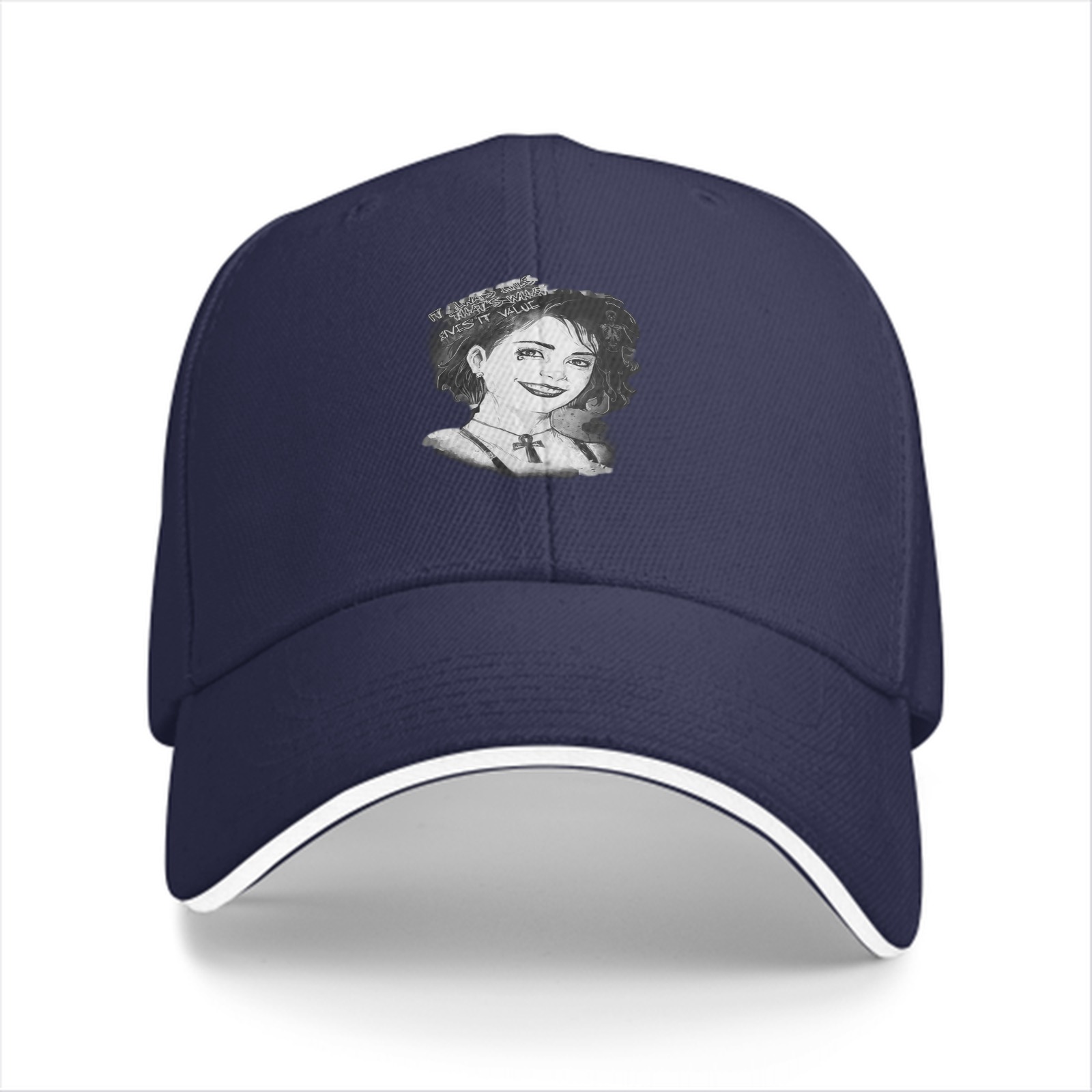 Black Baseball Cap With Monochrome Portrait Print