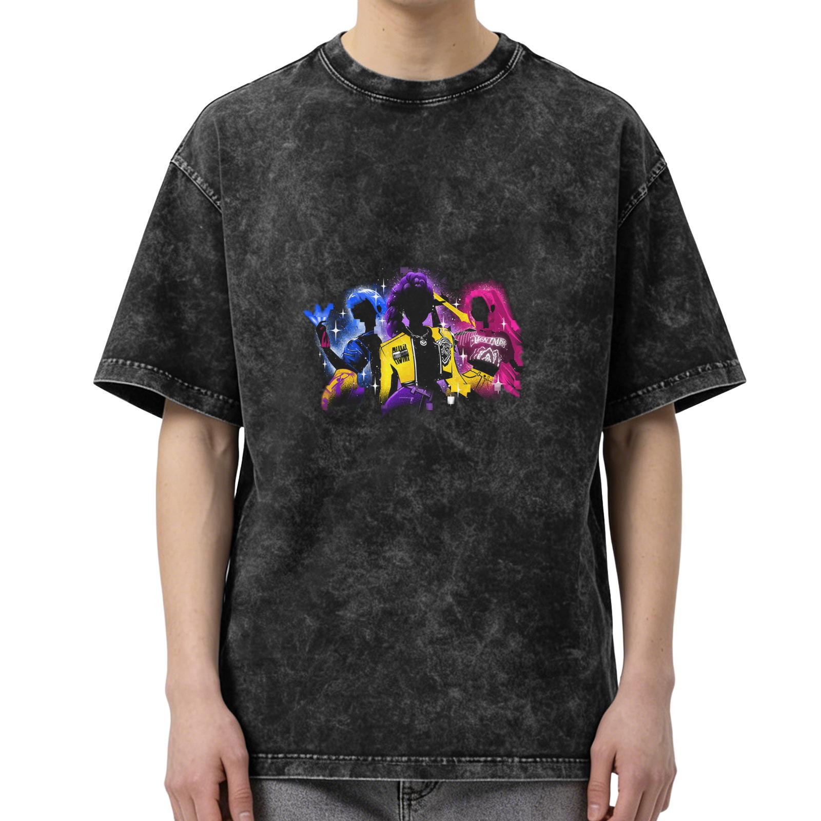 Oversized Acid Wash T-Shirt With Neon Anime Character Silhouette Graphic