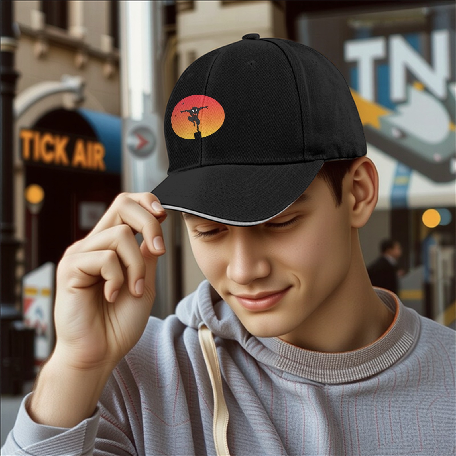 Black Baseball Cap With Ninja Silhouette Sunset Graphic